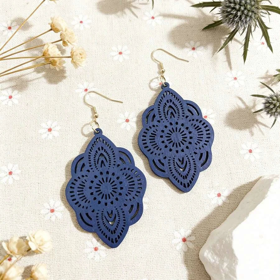 Wooden Lace Pattern Carved Pendant Earrings