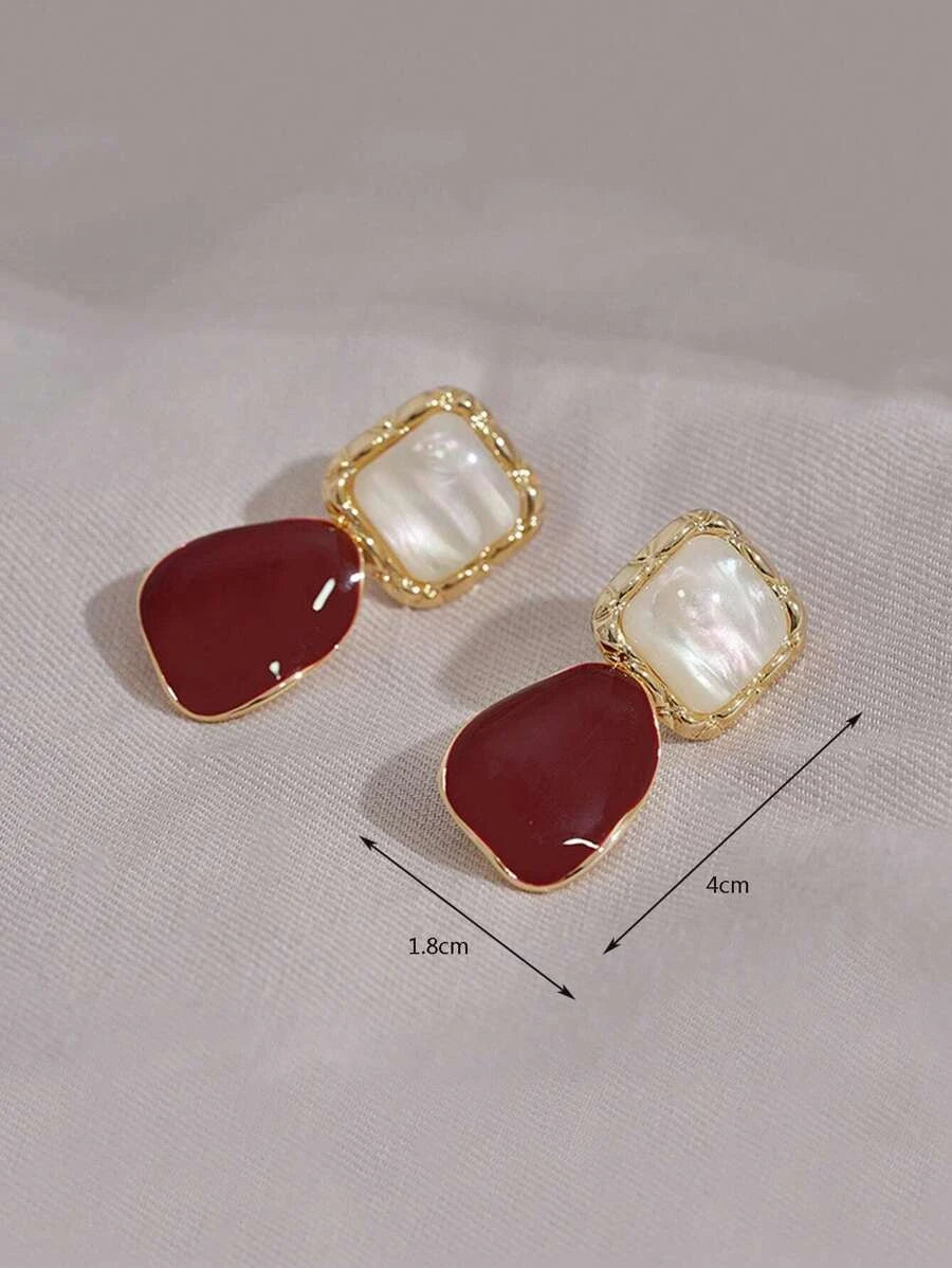 Burgundy Asymmetrical Square Earrings