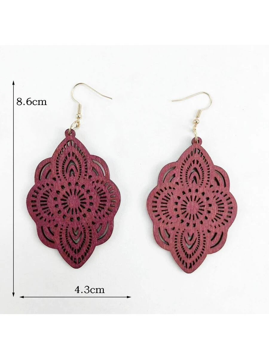 Wood Lace Pattern Carved Drop Earrings