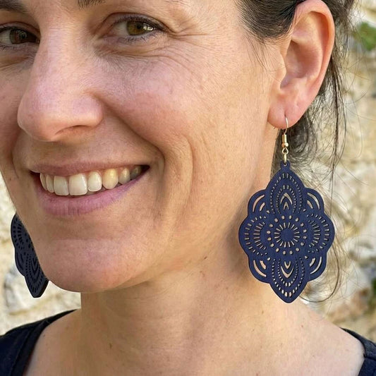Wooden Lace Pattern Carved Pendant Earrings