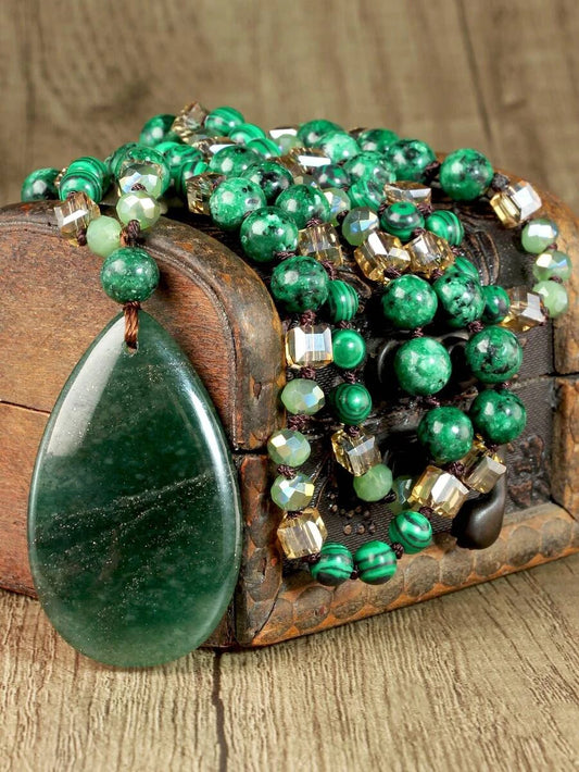 Vintage Green Agate Teardrop Pendant Necklace
