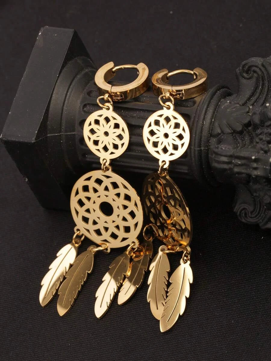 Gold Floral Vine Leaf Pendant Earrings
