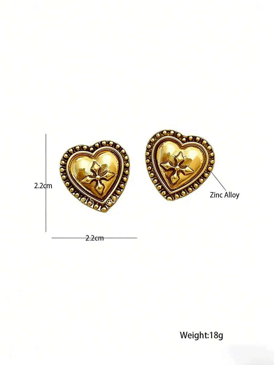 Vintage Carved Heart Stud Earrings