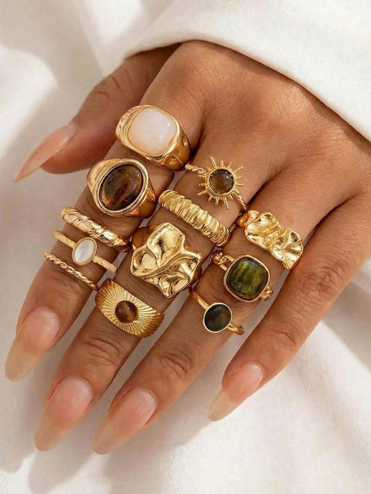 12pcs Set Minimalist Vintage Asymmetrical Sun Liquid Rings Set, Luxury Vintage Rings For Women, Suitable For Parties, Gifts, Daily Wear, Aesthetic