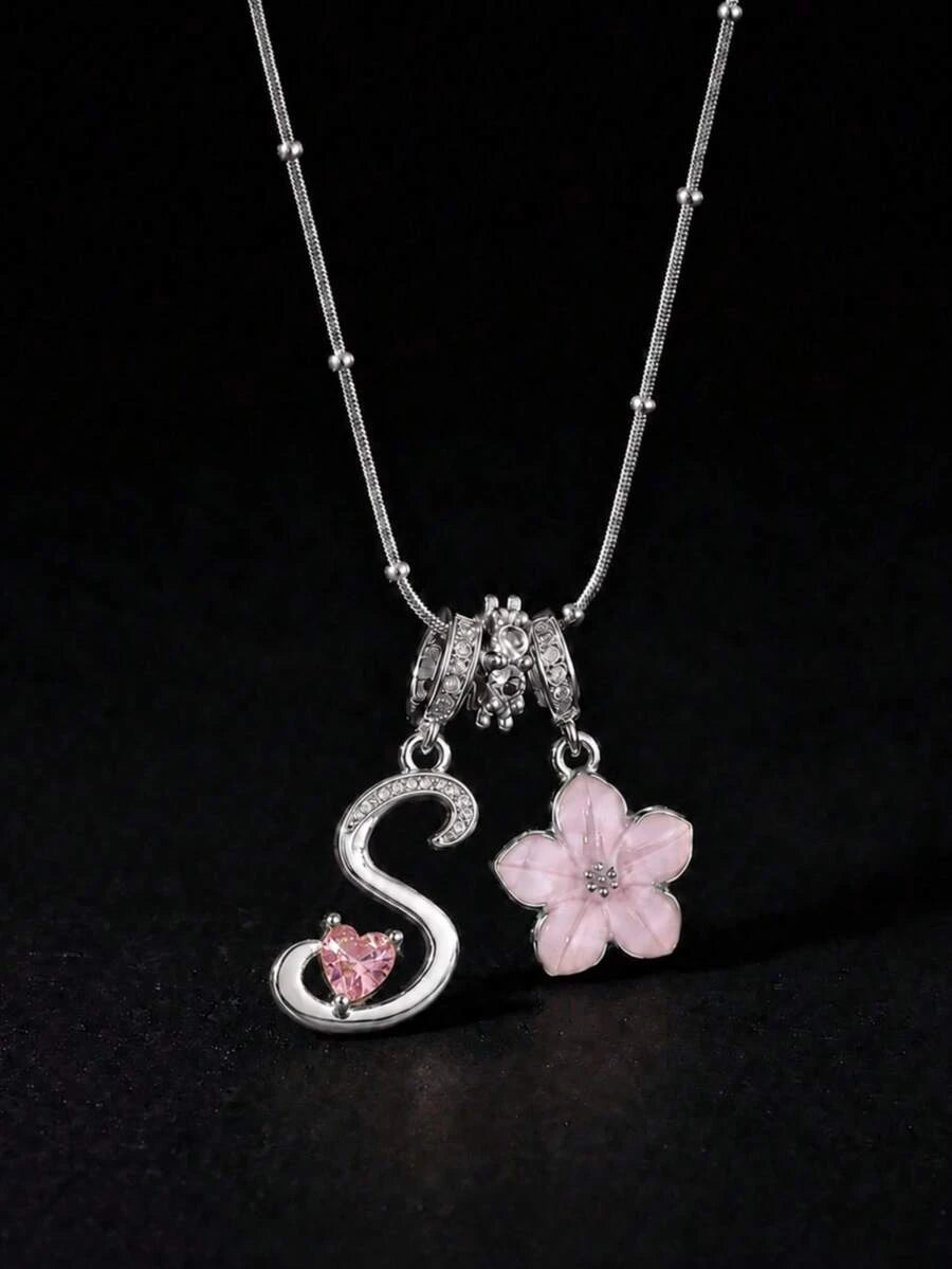 Pink Floral Heart Initial Necklace