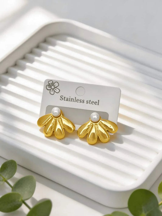 Gold Stainless Steel Vintage Textured Stud Earrings