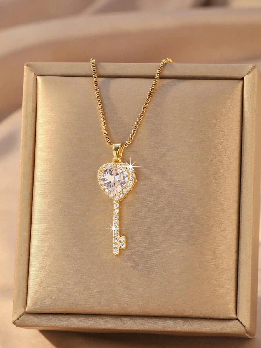 Gold Plated Heart Key Pendant Necklace