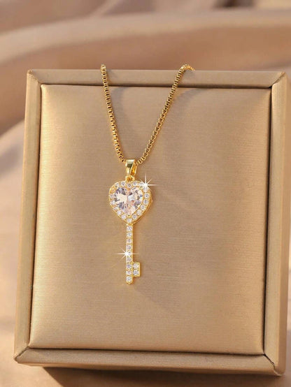 Gold Plated Heart Key Pendant Necklace