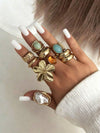 13pcs Fashion Luxury Vintage Sun Gemstone Open Ring Set, Designer Ins Style Metallic Glossy Wrinkled Finger Rings, Suitable For Party, Vacation, Gift For Friends And Family, Daily Wear