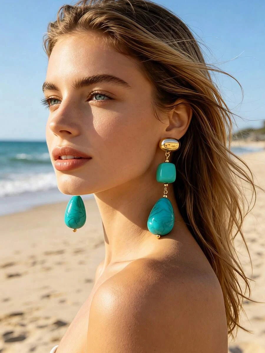 Gold-Plated Turquoise Teardrop Dangle Earrings