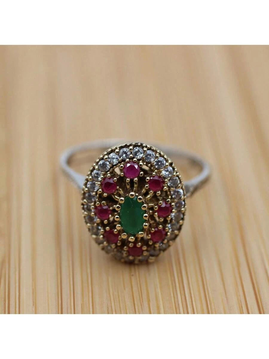 Retro Boho Red Cubic Zirconia Two Tone Ring