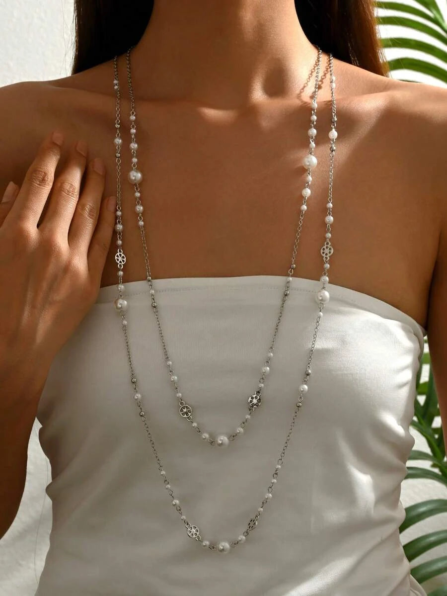 Faux Pearl Layered Necklace Set