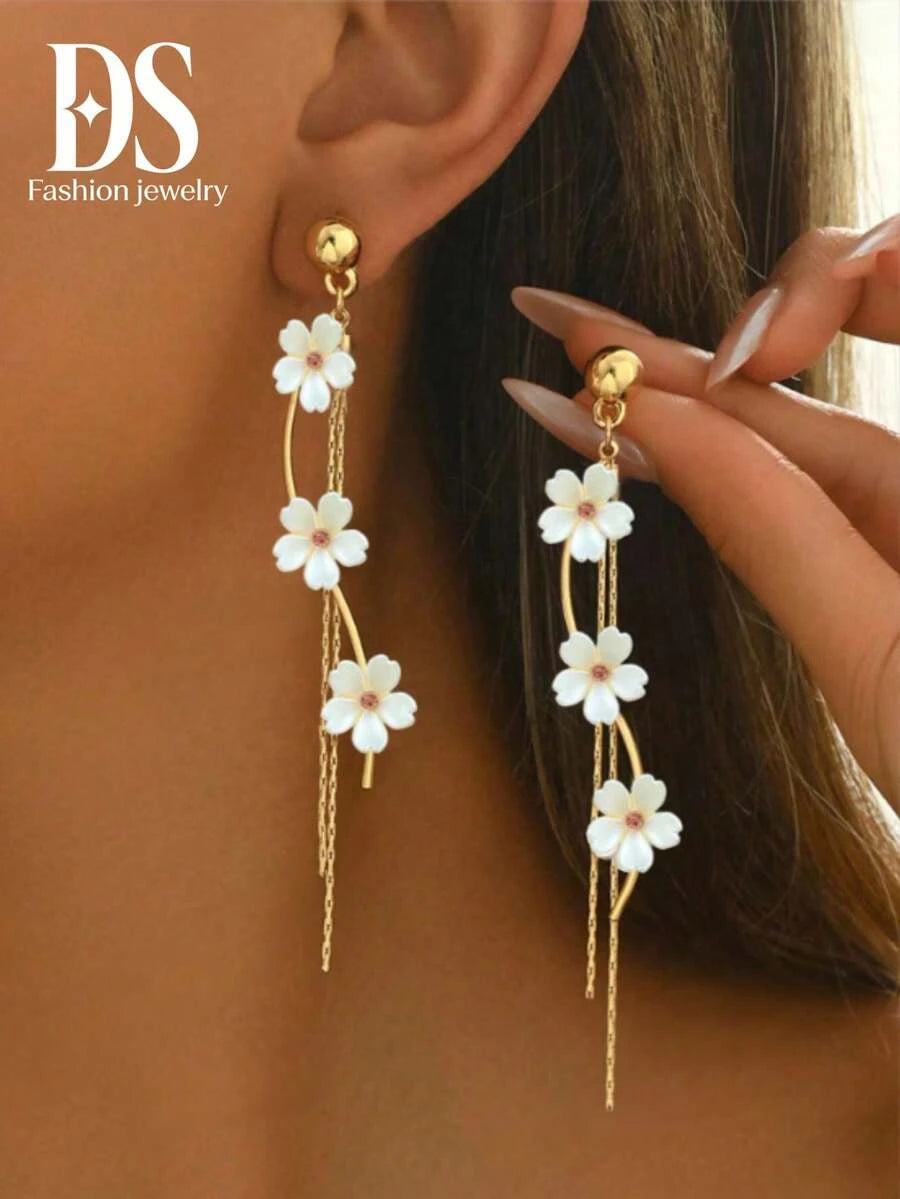 Floral Crystal Tassel Drop Earrings