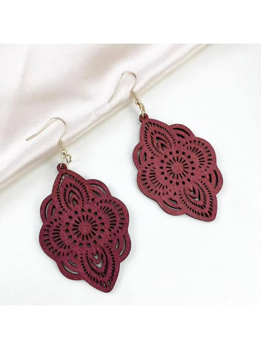 Wood Lace Pattern Carved Drop Earrings