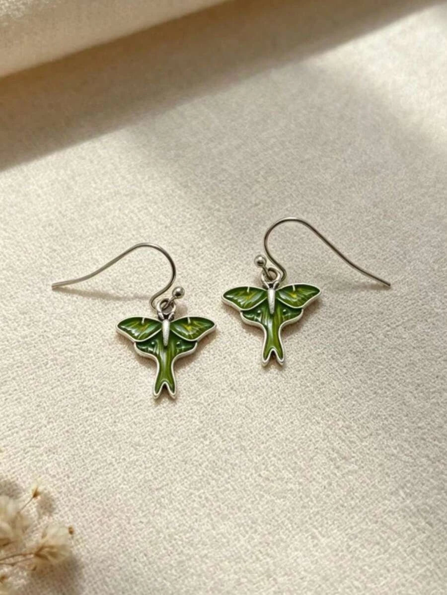 Vintage Green Moth Enamel Earrings