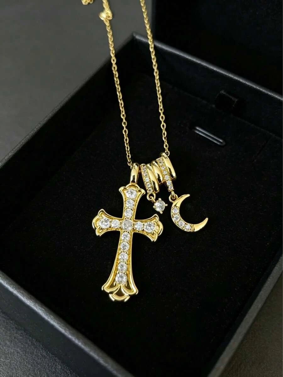 Gold Waterproof Stainless Steel Double Cross Necklace