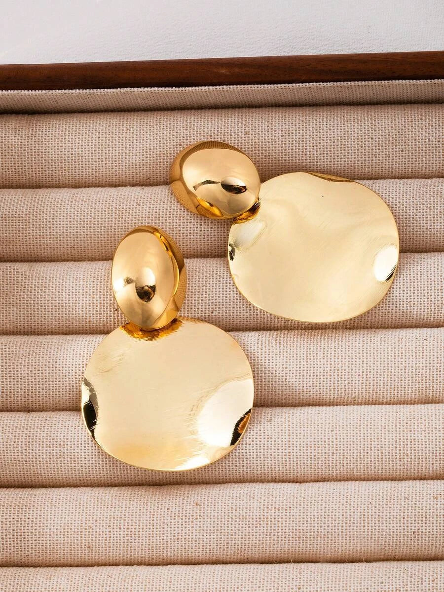 Gold Brushed Metal Round Pendant Earrings