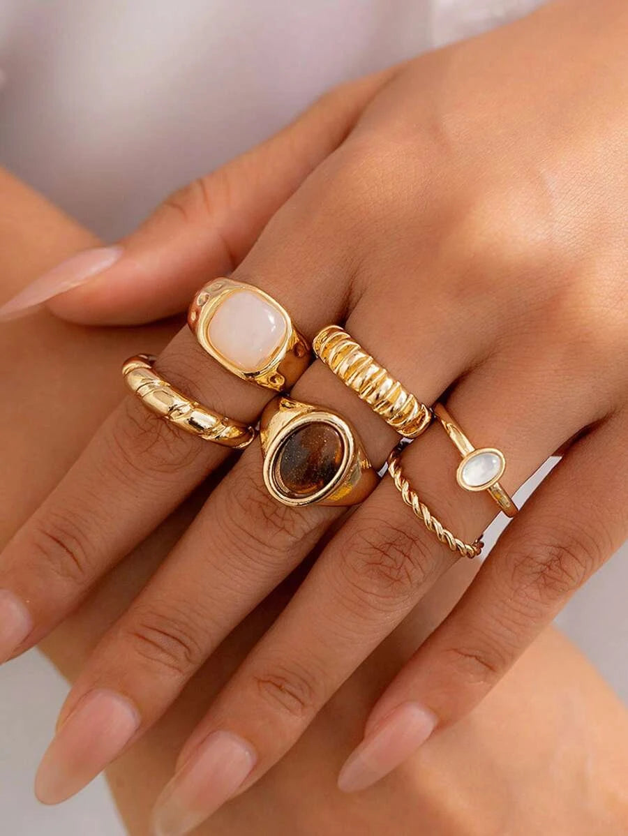 13pcs Fashion Luxury Vintage Sun Gemstone Open Ring Set, Designer Ins Style Metallic Glossy Wrinkled Finger Rings, Suitable For Party, Vacation, Gift For Friends And Family, Daily Wear
