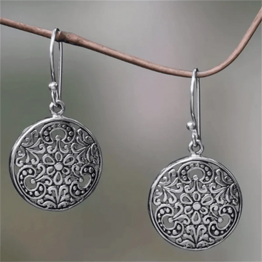 Vintage Carved Flower Round Pendant Earrings