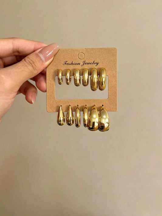 12pcs Vintage Shiny Gold Earring Set, Plain Hoop