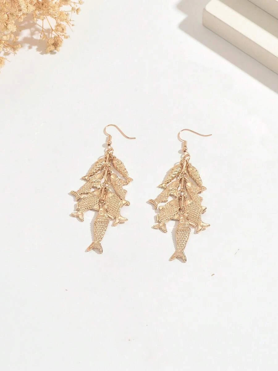 Vintage Golden Piranha Fish Drop Earrings