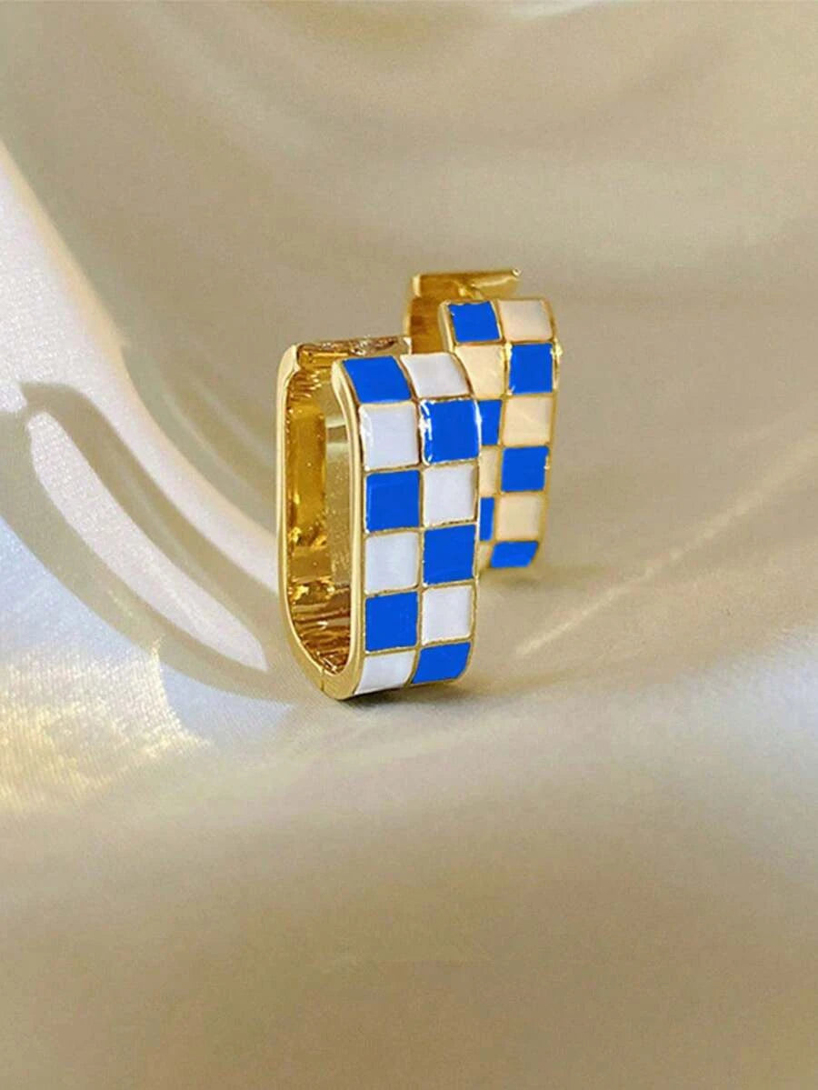 Gold Plated Brass Checkerboard Hoop Earrings