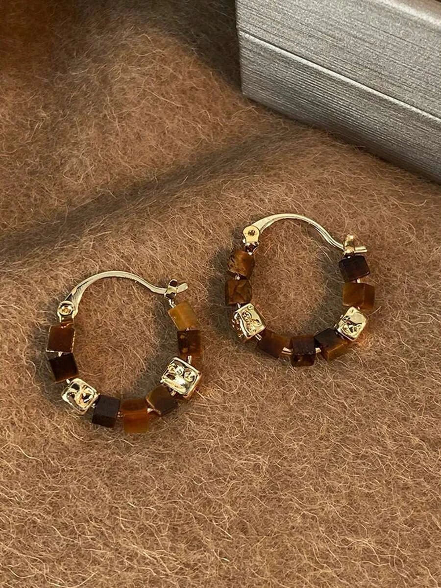 Tiger Eye Beaded Hoop Earrings