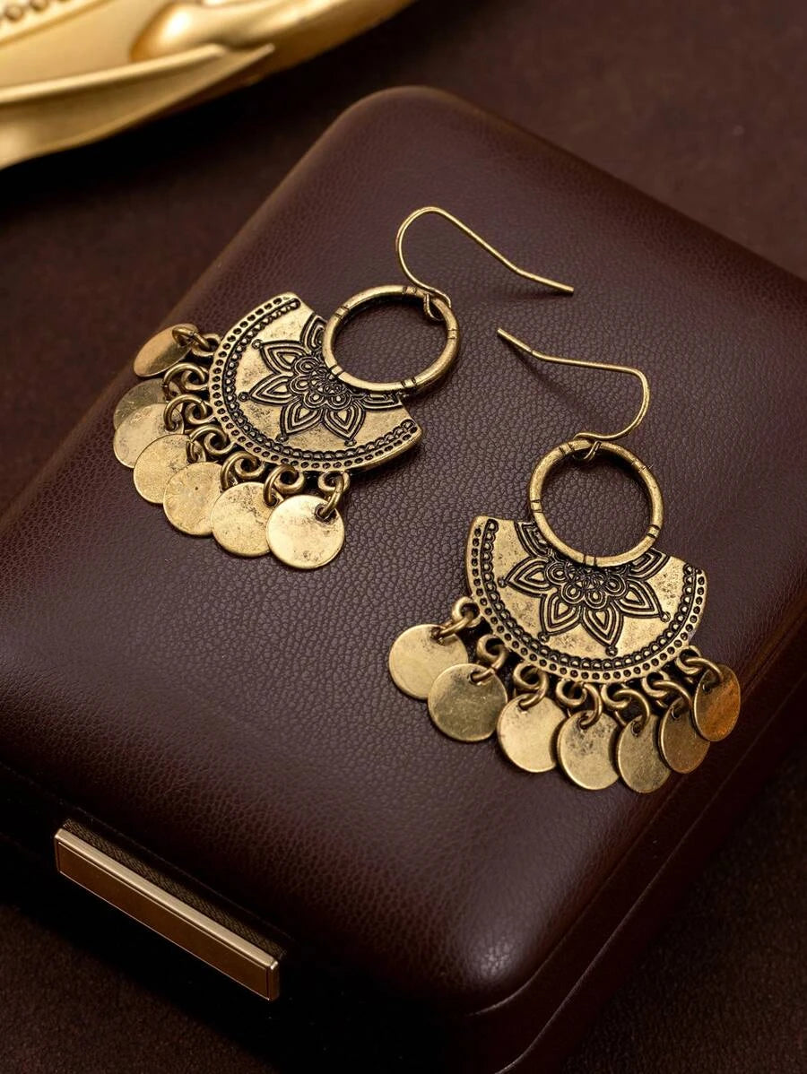 Retro Carved Disc Tassel Earrings