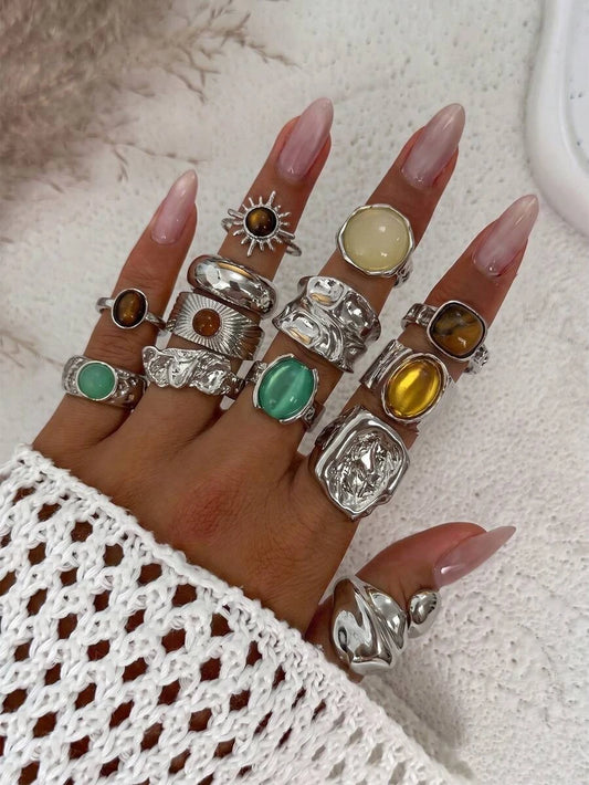13pcs Sun Lava Liquid Metal Asymmetrical Flowing or Hammered Texture Vintage Bohemian Style Maximalist Multi-Size Ring Set, Suitable for Parties, Gifts for Friends and Family, Daily Wear
