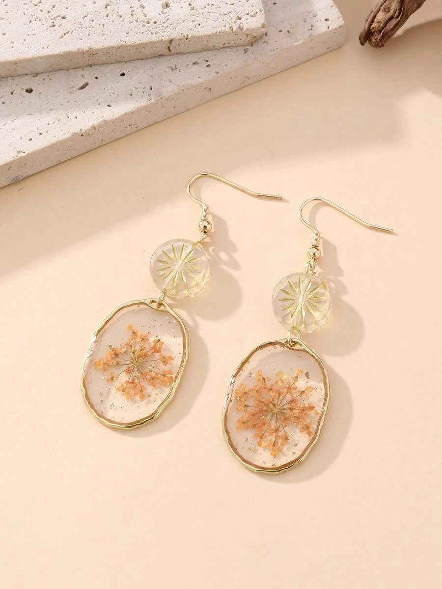 Dried Flower Resin Oval Earrings