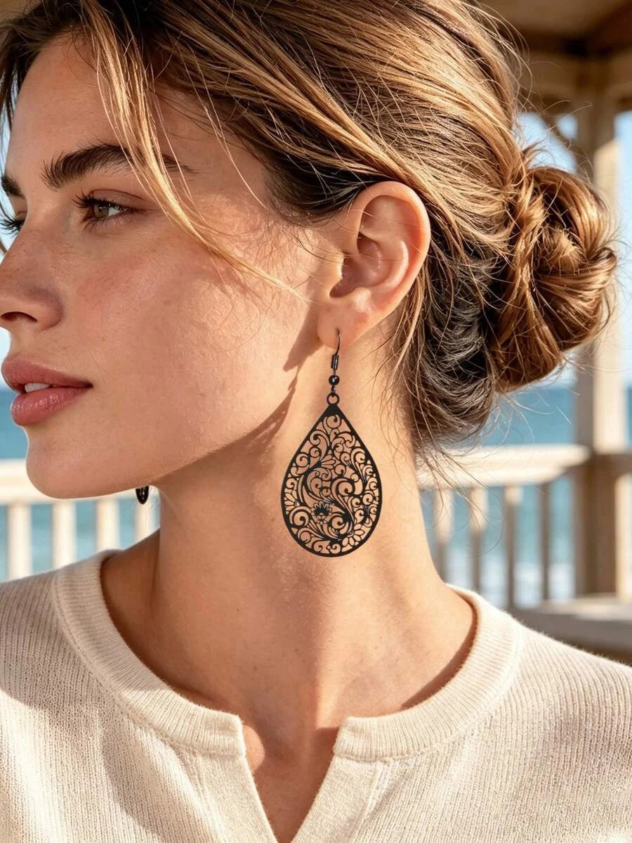Black Hollow Teardrop Earrings