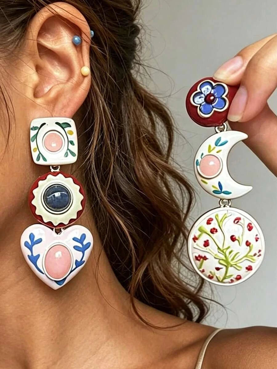 Vintage French Style Heart Moon Drop Earrings