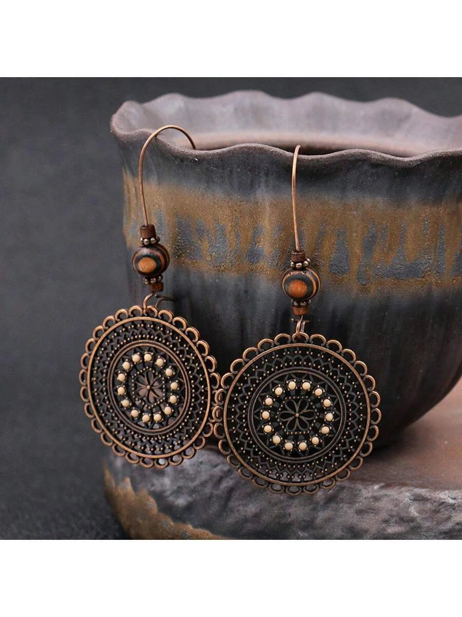 Vintage Carved Flower Dangle Earrings