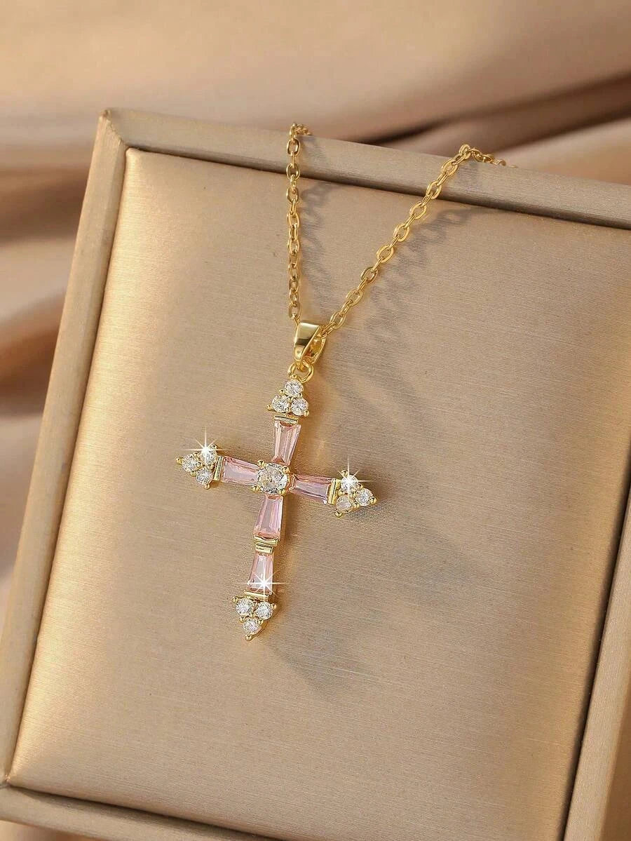 Gold-Plated Pink Crystal Cross Necklace