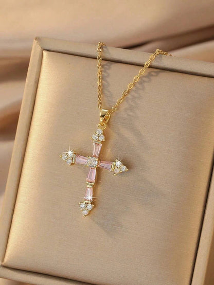 Gold-Plated Pink Crystal Cross Necklace