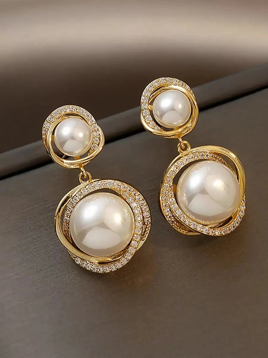 French Pearl Rhinestone Drop Earrings