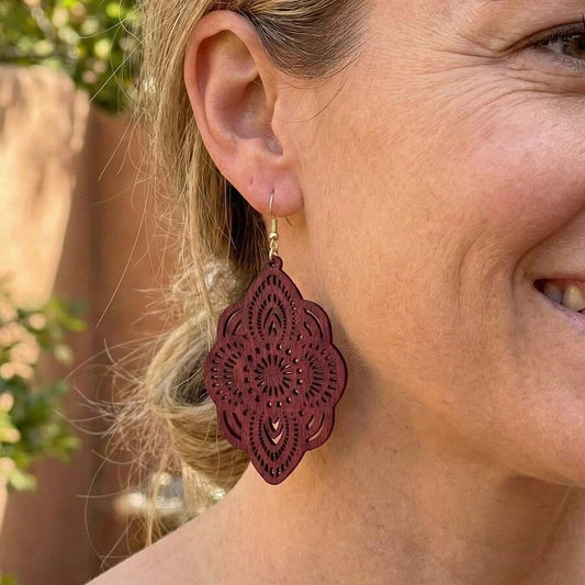 Wooden Lace Pattern Carved Pendant Earrings