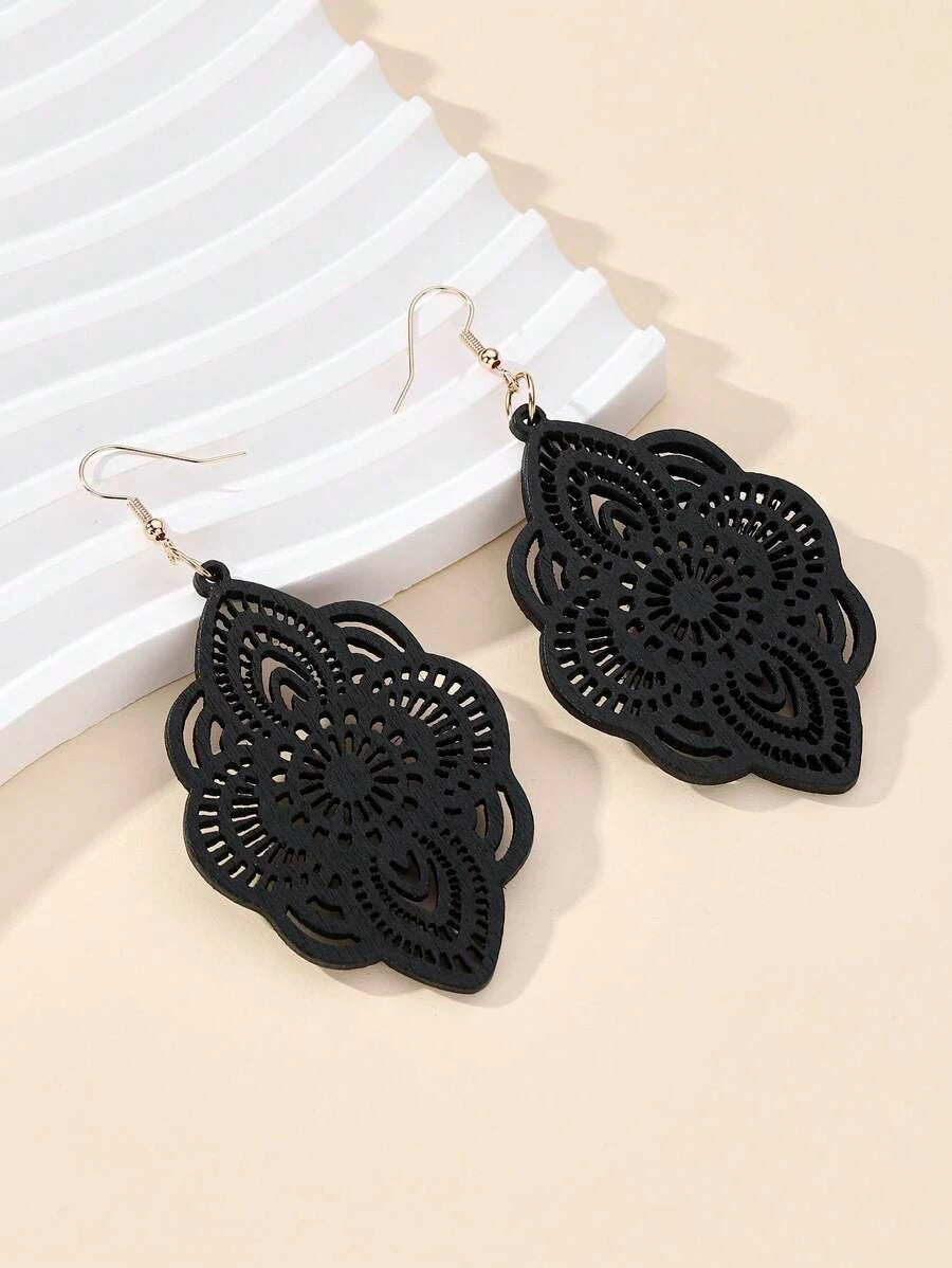 Wooden Lace Pattern Carved Pendant Earrings
