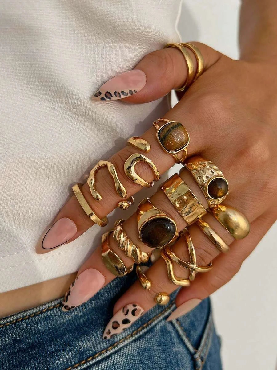 15/5pcs Vintage Old Money Style Elegant Fashion Faux Tiger Eye Stone Geometric Cross Hammered Hollow Ring Set Suitable For Women's Daily Wear