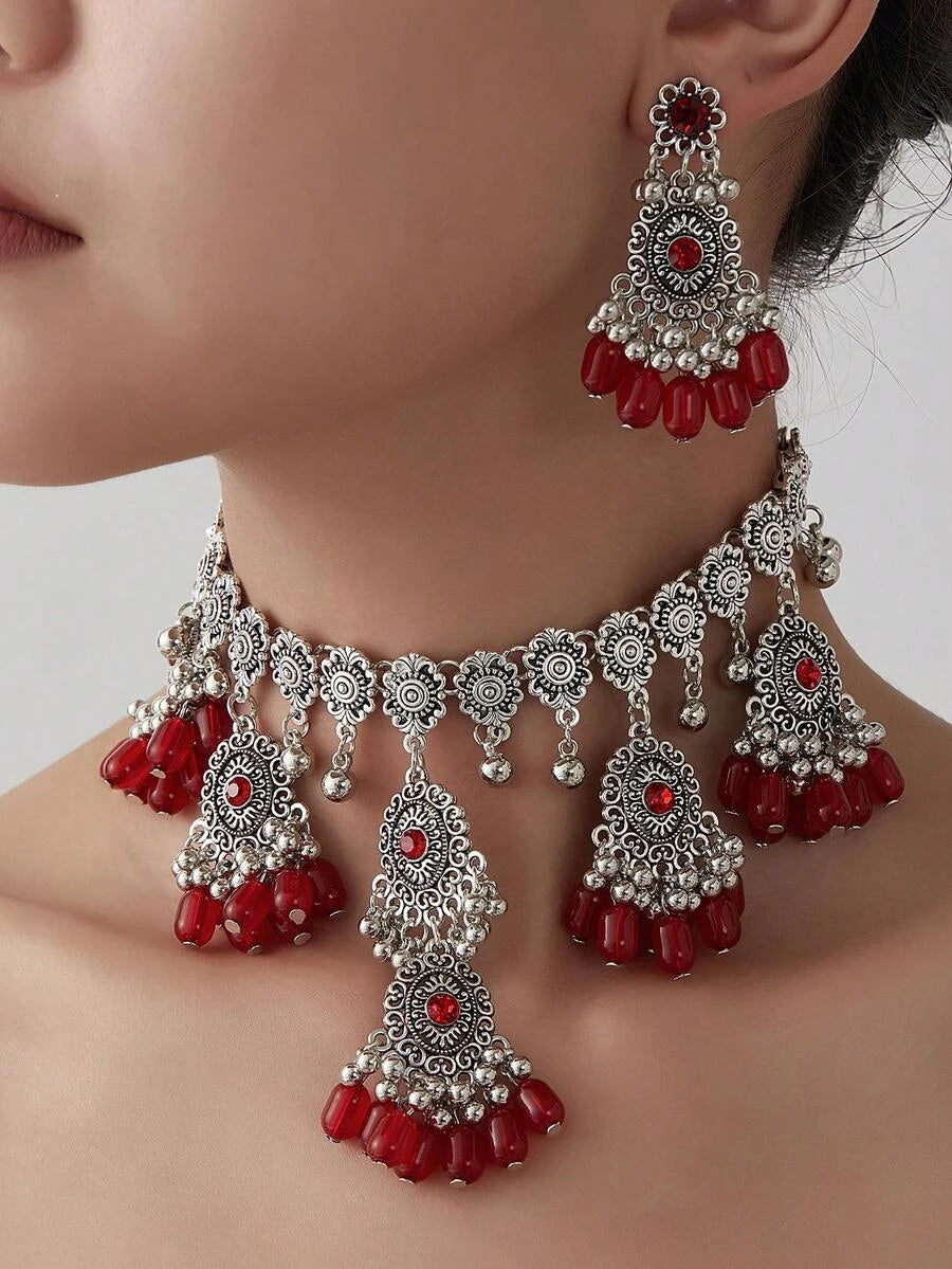 Vintage Tassel Oval Necklace Earring Set