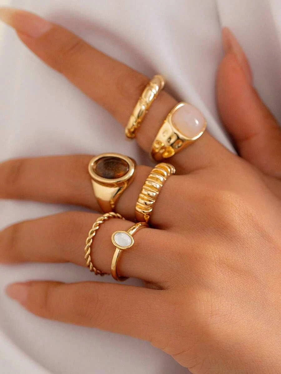 13pcs Fashion Luxury Vintage Sun Gemstone Open Ring Set, Designer Ins Style Metallic Glossy Wrinkled Finger Rings, Suitable For Party, Vacation, Gift For Friends And Family, Daily Wear