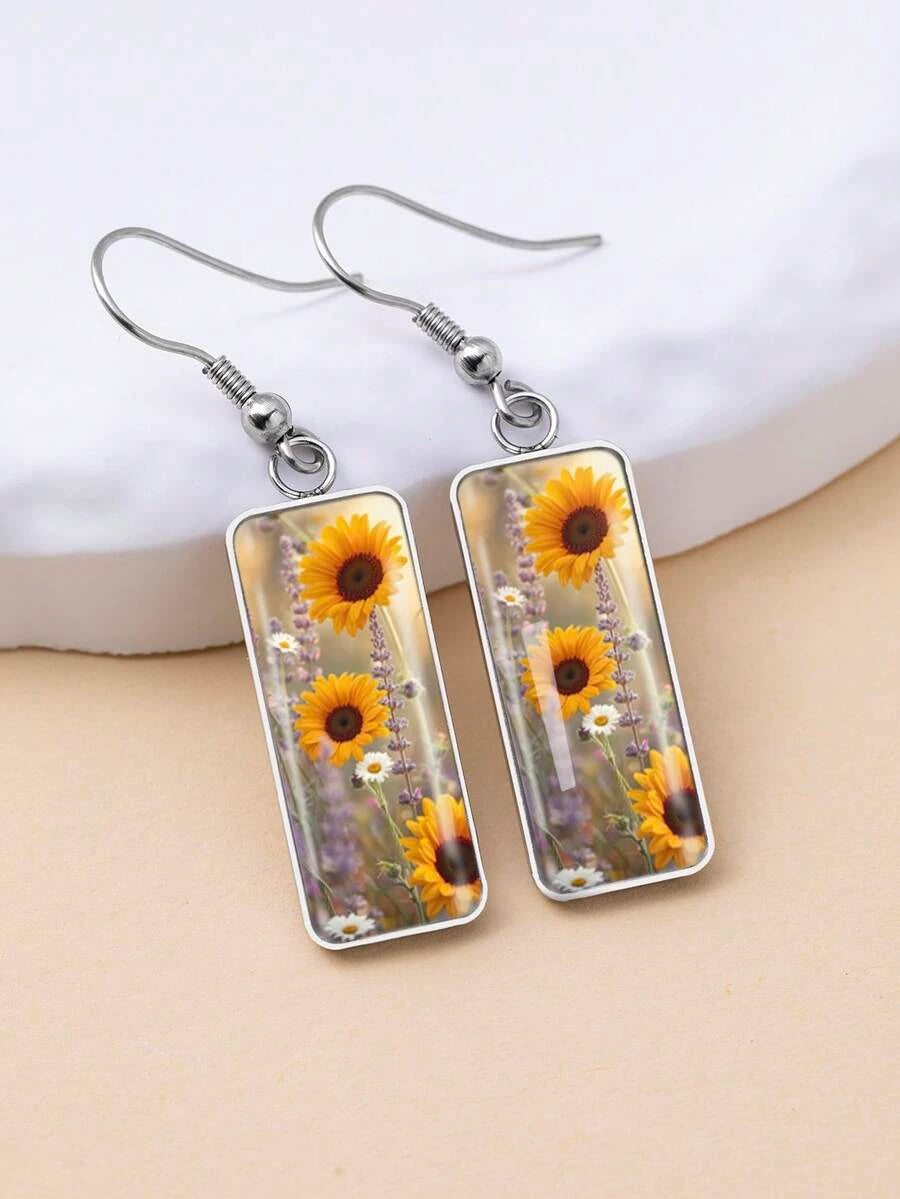 Vintage Sunflower Print Drop Earrings