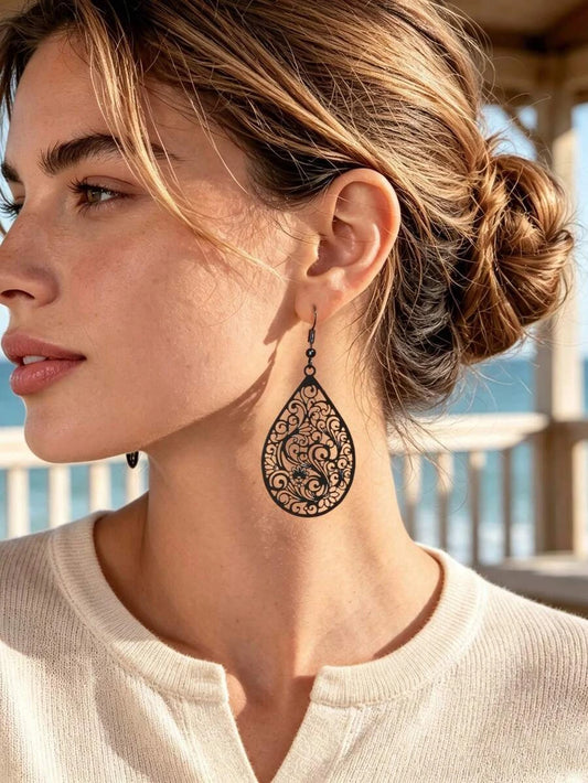 Vintage Hollow Black Floral Teardrop Earrings