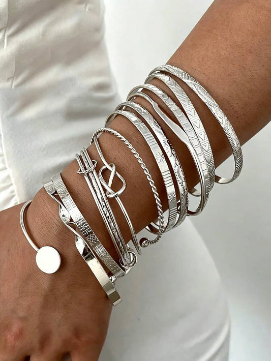 12pcs Vintage Exaggerated Luxurious Geometric Striped Twist Open Design Women Metal Silver Bangle Bracelet Set, Suitable For Daily Wear, Gift, Stackable