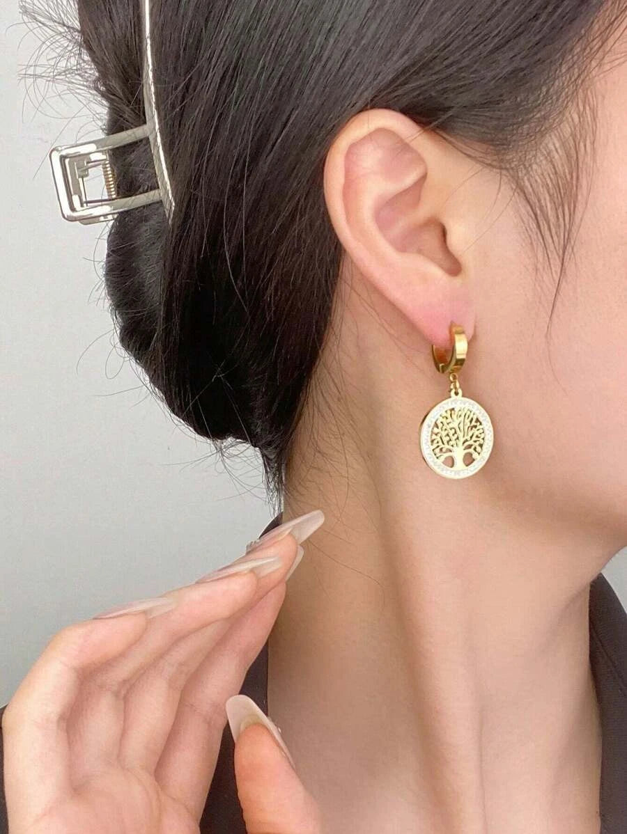 Stainless Steel Rhinestone Tree Of Life Drop Earrings
