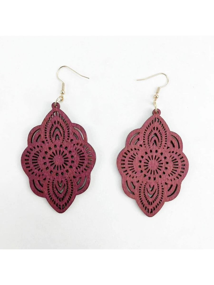 Wooden Lace Pattern Carved Pendant Earrings