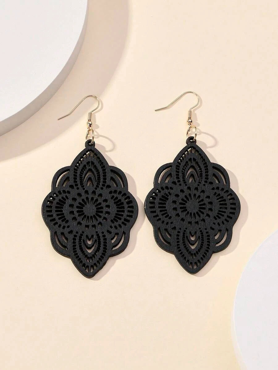 Wood Lace Pattern Carved Drop Earrings