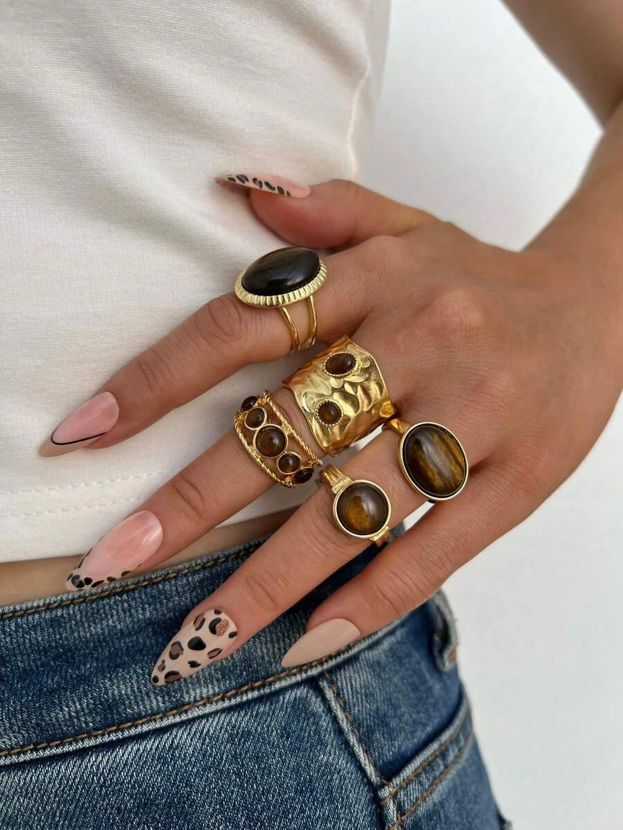 15/5pcs Vintage Old Money Style Elegant Fashion Faux Tiger Eye Stone Geometric Cross Hammered Hollow Ring Set Suitable For Women's Daily Wear