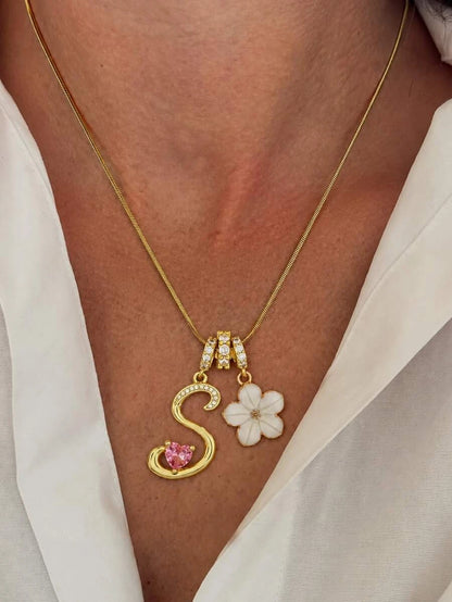 Pink Floral Heart Initial Necklace