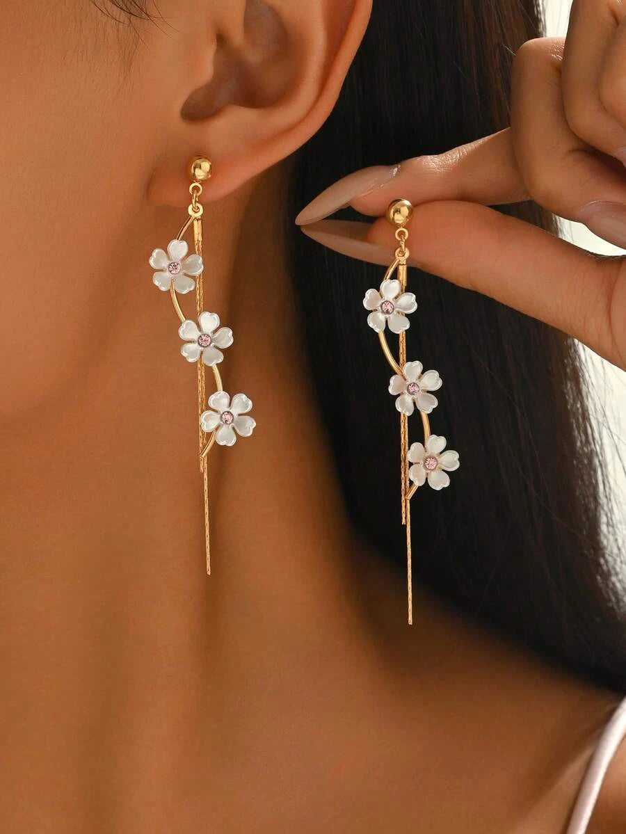 Floral Rhinestone Tassel Stud Earrings
